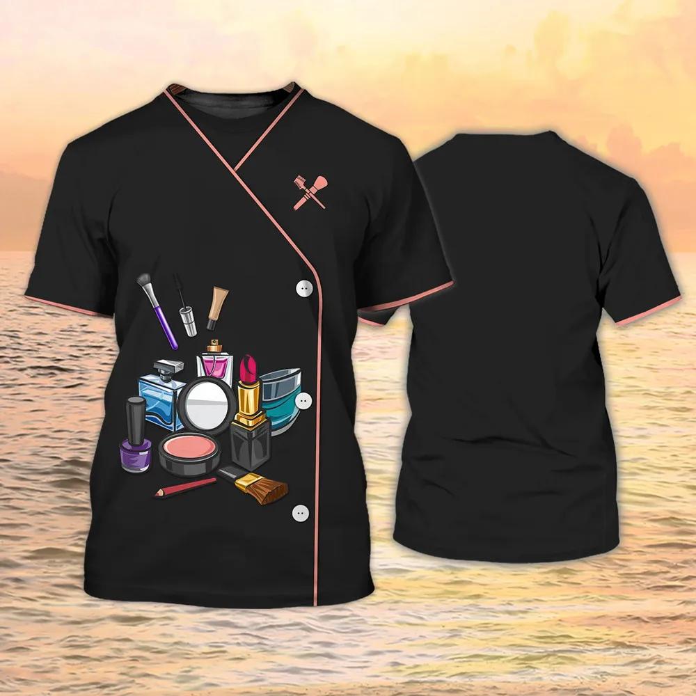 2024 New Women's Short Sleeve Beautician T-shirt Custom 3D Printed Casual Hairdresser Uniform Makeup Artist Short Sleeve
