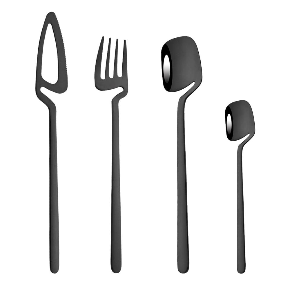 

4шт/16шт Западная черная посуда из нержавеющей стали с зеркальной полировкой, столовые приборы, набор столовых приборов, обеденный нож, вилка, ложка, набор креативной фестивальной посуды, подарок 1Set чёрный
