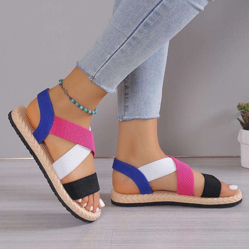 Women's Casual Flat Sandals Elastic Crisscross Strap Open Toe Slip On Shoes Comfy Beach Sandals