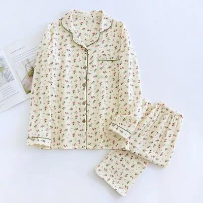 2026 Spring and Autumn Women's Pajama Set 100% Cotton Crepe Long Sleeved Pants Two Piece Cute and Sweet Home Fury Set Ladies