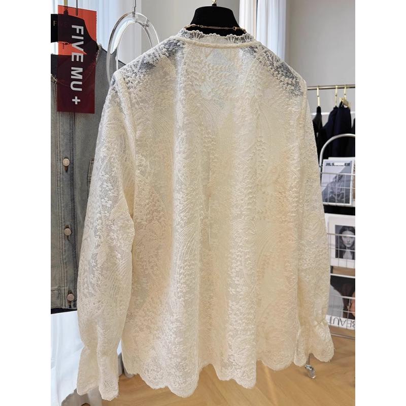 Korean V-Neck Lace Long-Sleeve Shirt - Light Luxury Spring Outerwear Top, Elegant and Unique Base Layer.