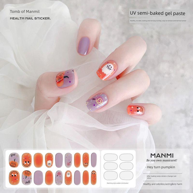 

[Manmi] Halloween Luminous UV Nail Sticker Gel UV Nail Tip Semi-Cured Heating Lamp Nail Sticker Waterproof Pumpkin Pie-[16 fingers] needs lights