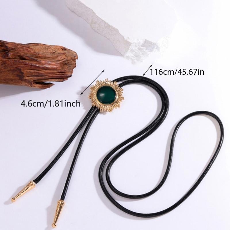 Vintage Sun Shape Gem Stone Bolo Tie Cowboy Costume Accessory for Men and Women Western Braided Cord Necktie Necklace
