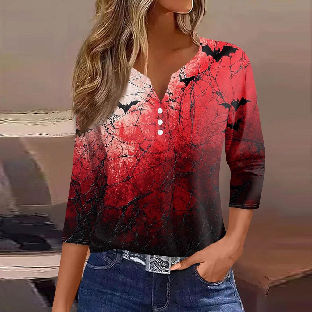 Women's Fashion Casual T-Shirt V-Neck Seven Sleeve  Printed Button Top