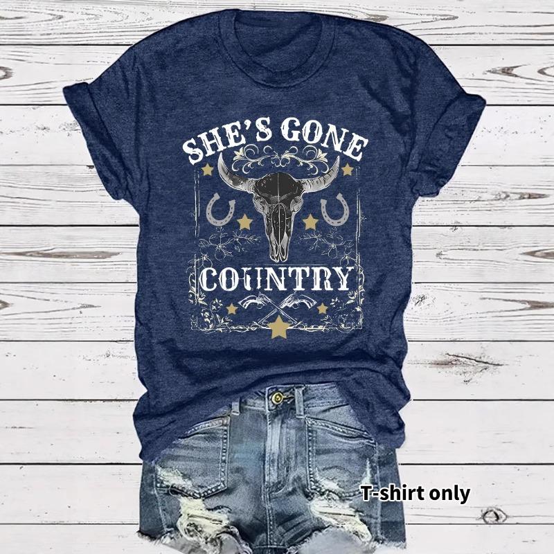 Women's Short Sleeve T-shirt She's Gone Country Bull Skull with Stars Design Western Cowboy Graphic T-Shirt
