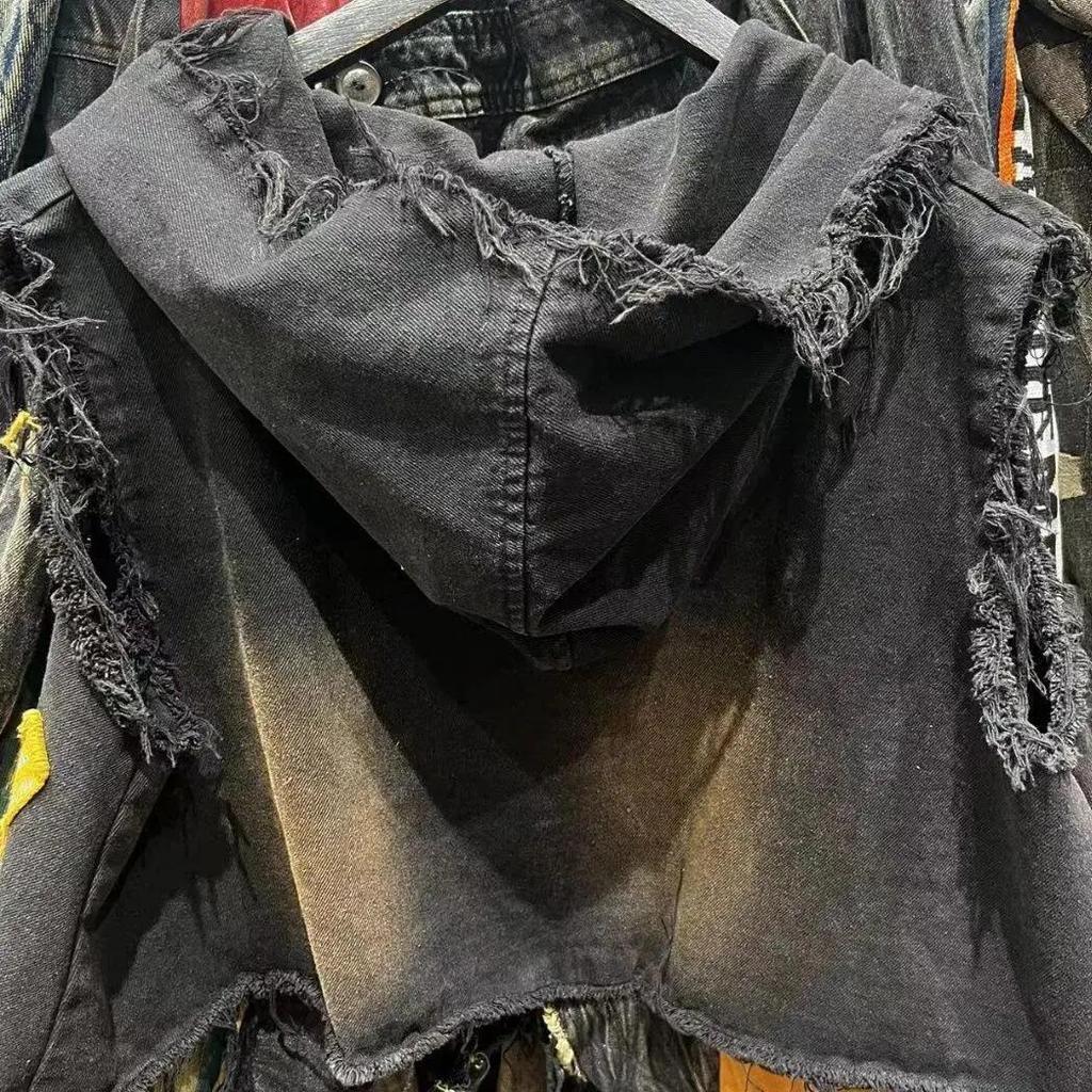 Damen Frühling und Herbst Vintage-inspirierte Patchwork-Denim-Weste Patchwork und Used-Look, Kurz geschnittenes Kapuzentop