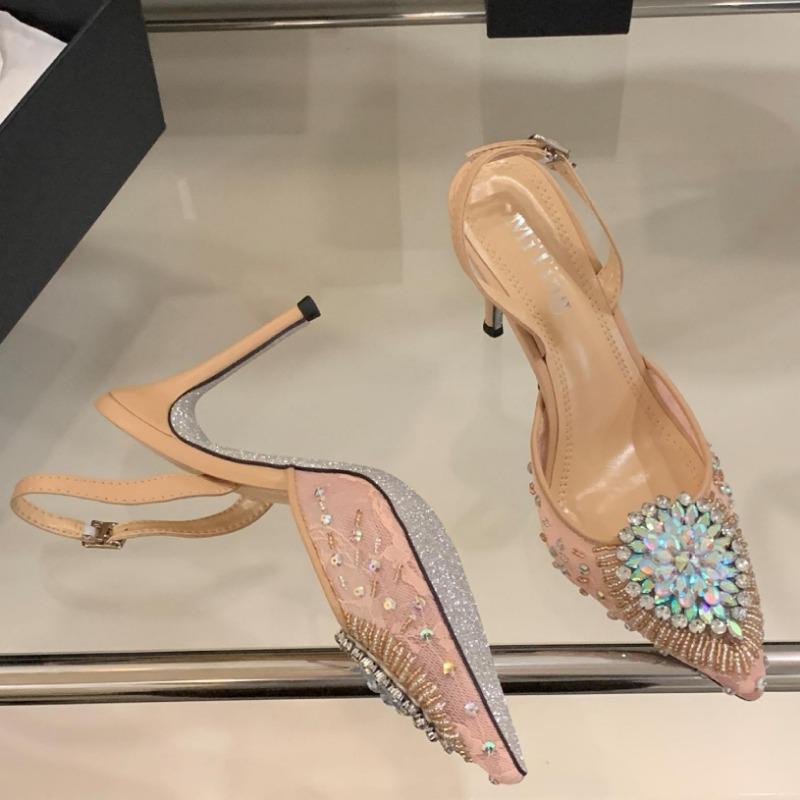 Fashion Sexy Pointed Toe Crystal Women Pumps Street Style Thin High Heels Buckle Strap Sandals Elegant Party Stripper Mule Shoes Zapatos