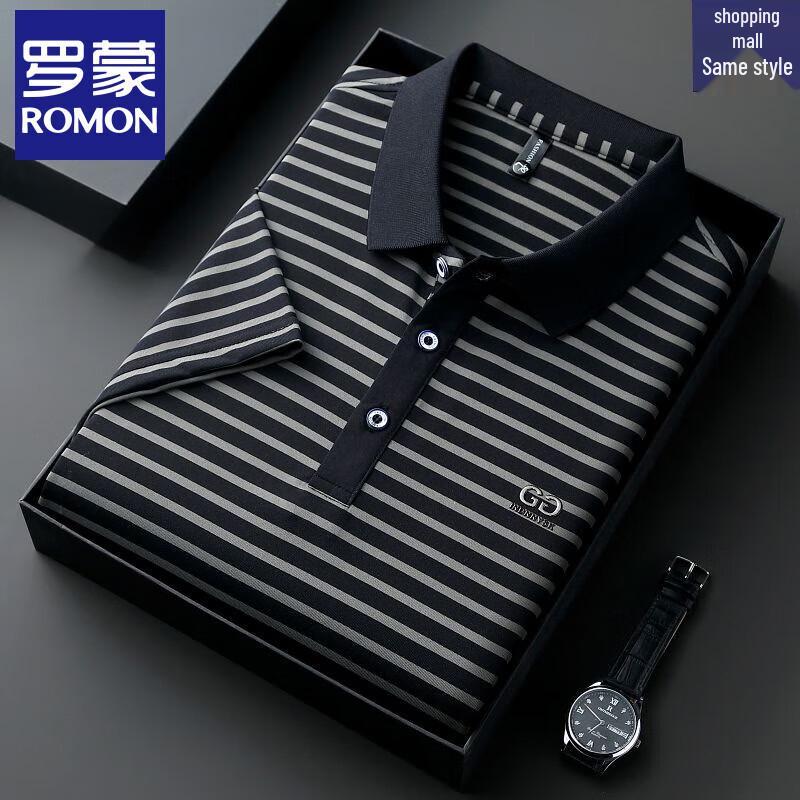 Luomeng Men s Ice Silk Loose Fit Striped Polo Shirt 2XL