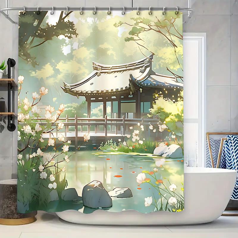

Elegant Garden Scene Shower Curtain – Nature-Inspired Home Decor With Vibrant Colors And Calming Water Lily Design Easy-Clean W60H190(CM)-1 Pcs