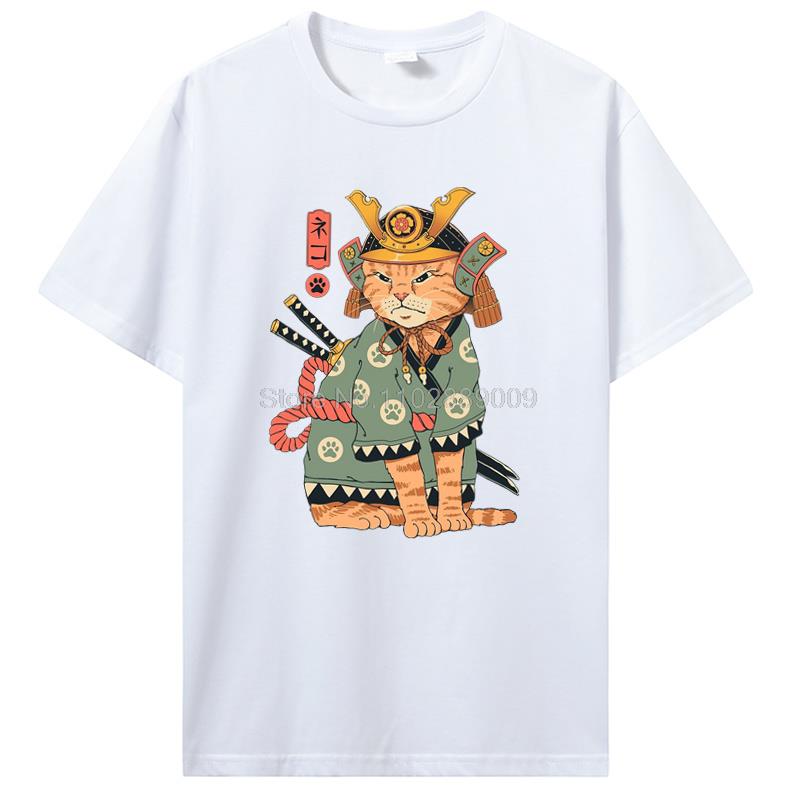 Summer New Men Japanese Samurai Cat Graphic T Shirt Fashion Casual Personality Cool T-shirt Print Cotton Tees Tops