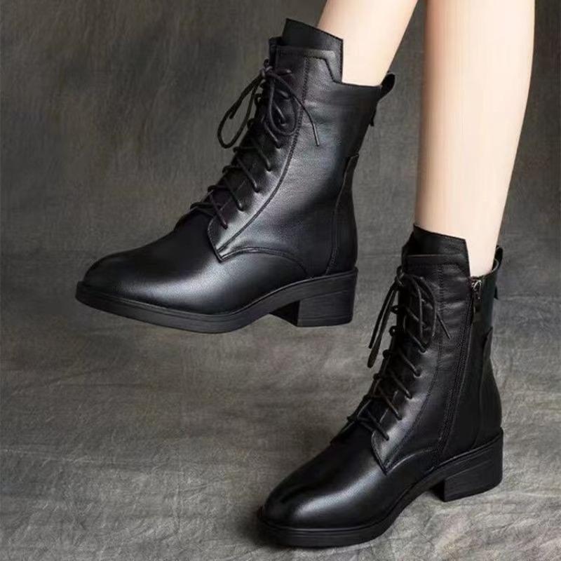 New Versatile Soft Leather Boots, Women's Shoes, Mid-heel Fleece Boots and Ankle Boots