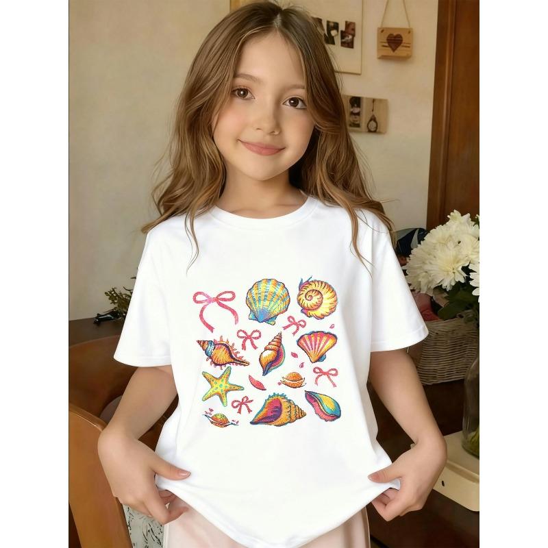 Girls Crewneck Short Sleeve T-Shirt, Conch Shell Butterfly Spliced Print 110 белый