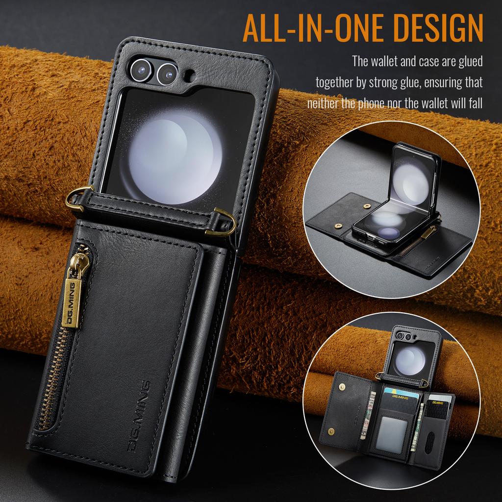 DG.MING M5 Series for Samsung Galaxy Z Flip7 FE 5G/Z Flip6 5G Case RFID Blocking Card Slots PU+PC Phone Cover