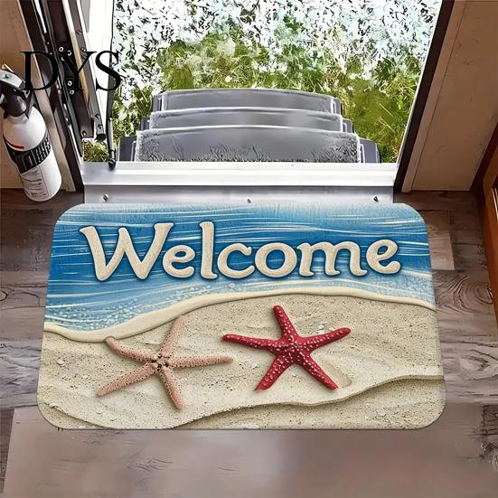 Waterproof Outdoor Patio Mats Beach House Entrance Rug, Starfish Shell Welcome Mat, Non-slip Coastal Indoor Utility Bathroom Door Mat for Front Decor