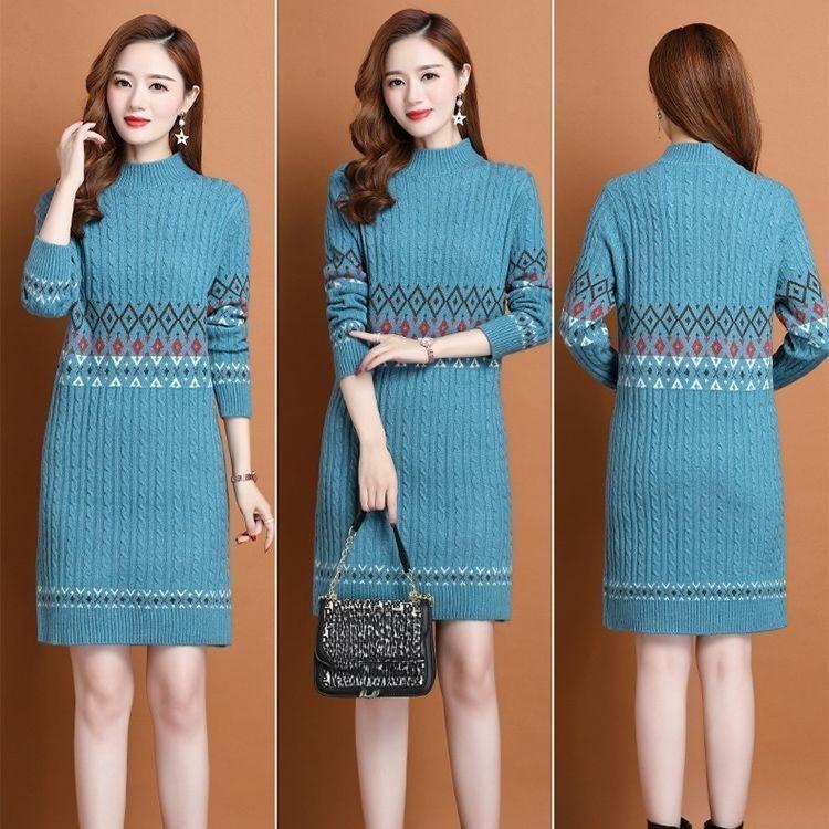 Slim Sweater Dress for Women In Winter Thickened and Warm Half Turtleneck Pullover Solid Color Casual Mid-length Knitted Sweater
