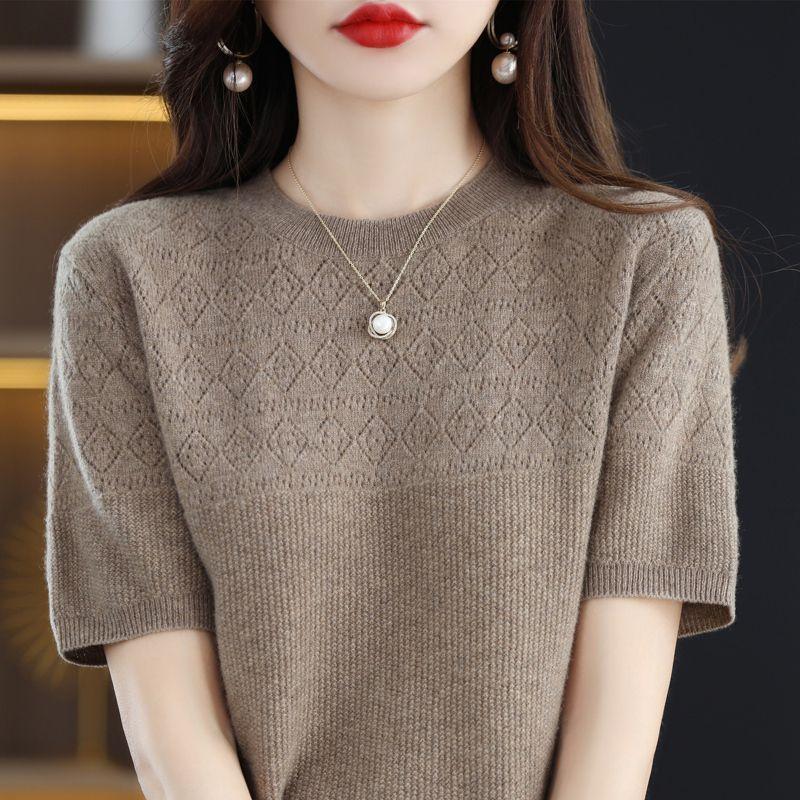 Knitted Shirt Hollowed Out T-shirt Spring New Round Neck Short Sleeved Loose Top