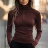Bottom Tops Zipper Half Placket High Collar Long Sleeve Knitted Tops Solid Color Slim Fit Elastic Base Tops