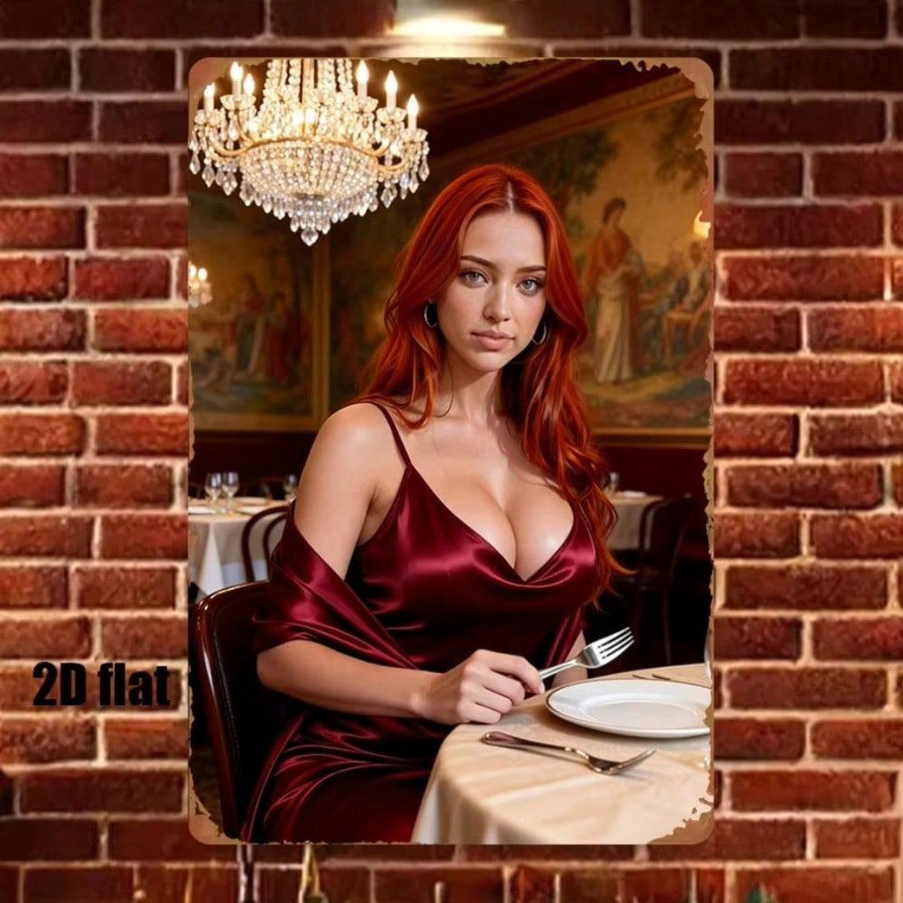 Vintage Metal Wall Poster Redhead Woman Chandelier Home Decor