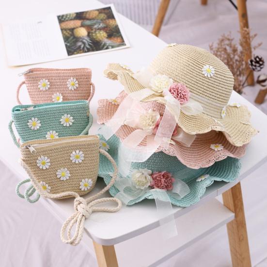 Marguerite Dress Up Bow Wide Brim Girl Straw Sunhat Purse Hat Bag Set for Outdoor