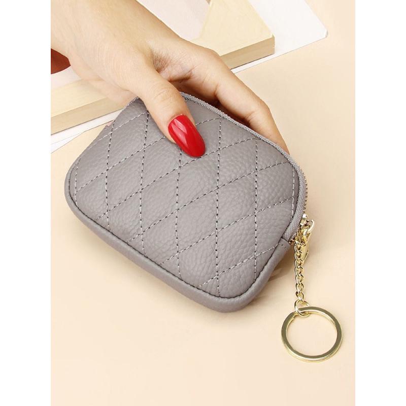 Women's Retro Soft Leather Coin Purse - Mini Diamond Pattern Keychain Wallet with Card Holder & Zipper