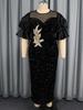 Plus Size Women's Black Sequin Dress with Puff Sleeves and 3D Floral Embroidery - Elegant Banquet Gown
