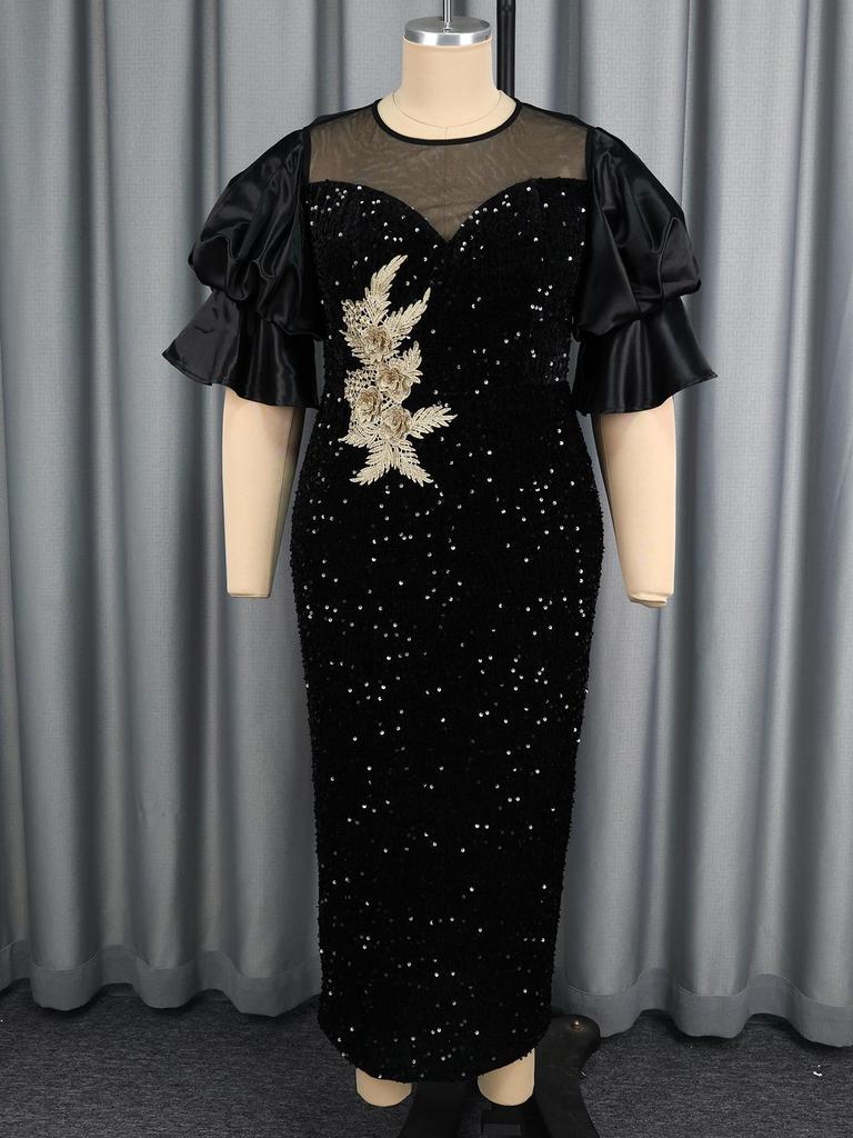 Plus Size Women's Black Sequin Dress with Puff Sleeves and 3D Floral Embroidery - Elegant Banquet Gown