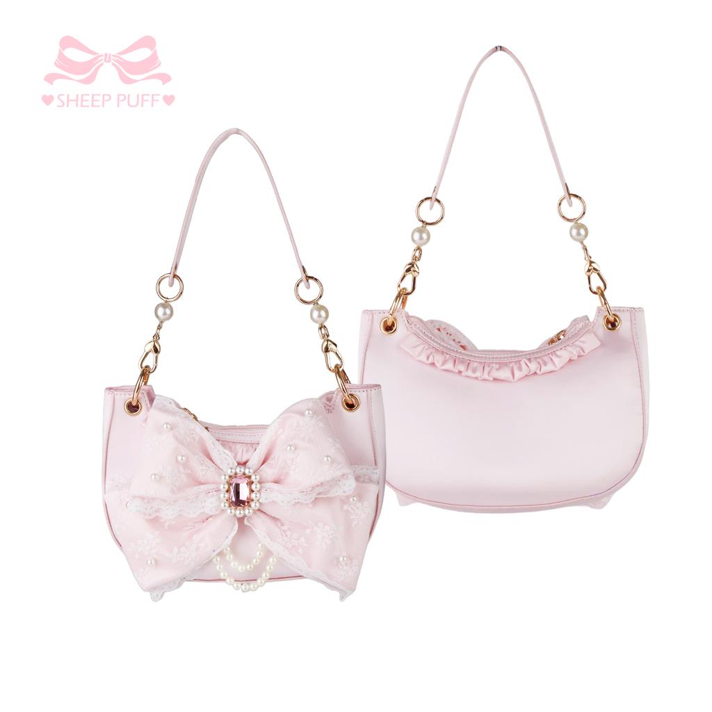 Women Pearl Chain Princess Underarm Bag With Bow And Rhinestone Lolita Shoulder Crossbody Sweet Fashion Daily Handbag