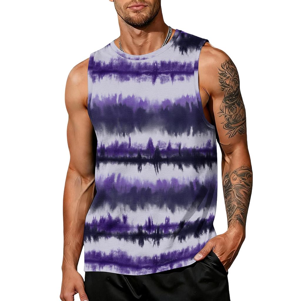 Mens Sleeveless Tie Dye Print Tank Top Crew Neck Casual Loose Fit Muscle Shirt for Summer Gym Workout Beachwear