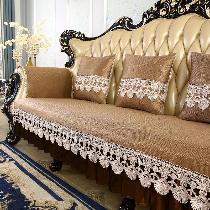 Summer European Ice Silk Fabric Sofa Cover Home Living Room Decoration Lace Hemline Non-slip Slipcover 1/2/3 Seats Sofa Cushion