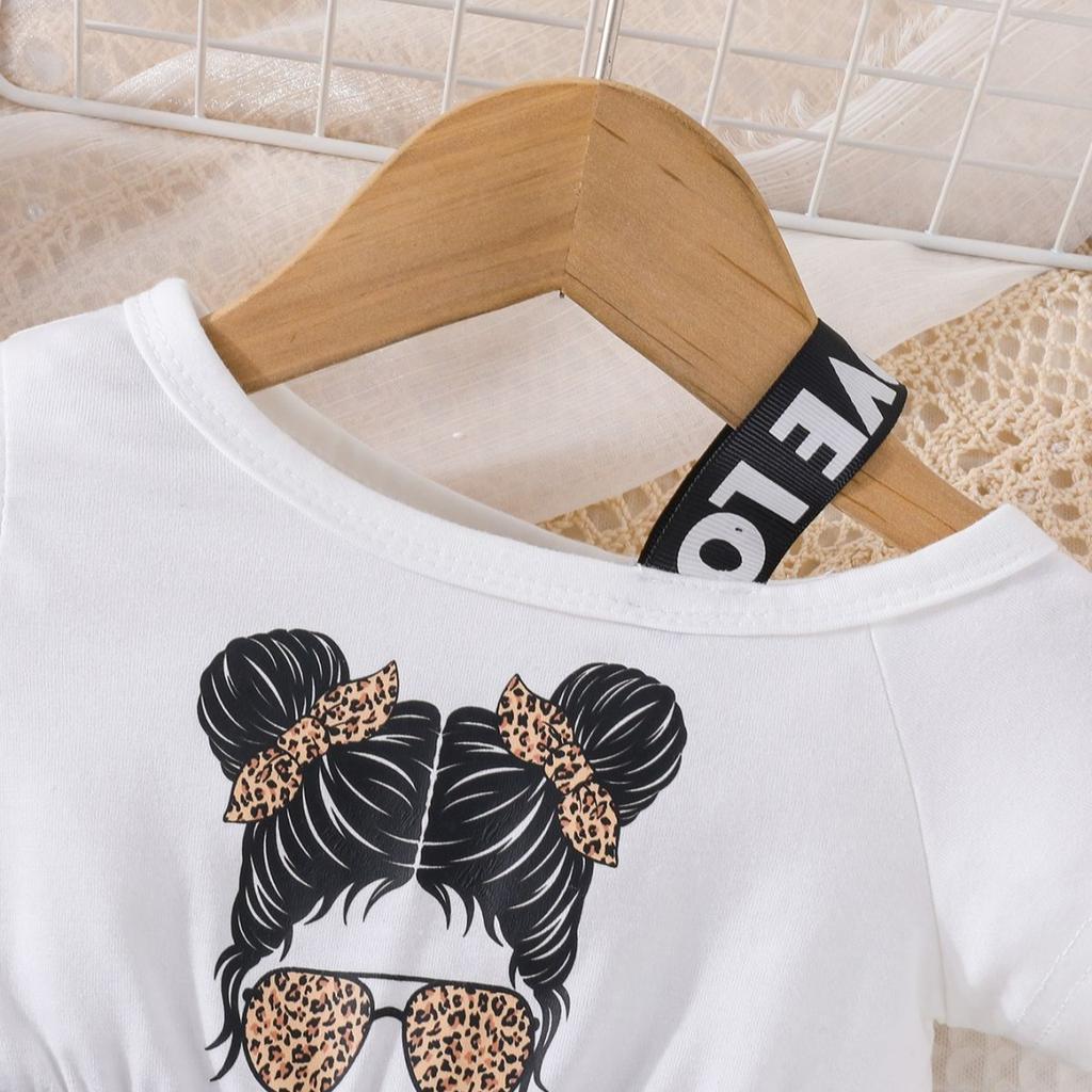 Kurzärmeliges Sommer-Mädchenkleid mit stilvollem Kinder-Patchwork-Leopardenmuster-Meshrock