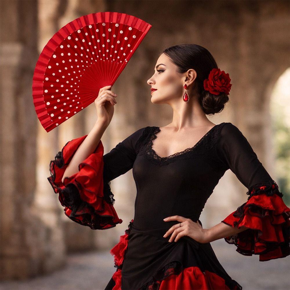 Vintage Wood Flamenco Fan Handheld Classical Spanish Fan Decorative Dots Pattern Folding Fan Wedding Decorations