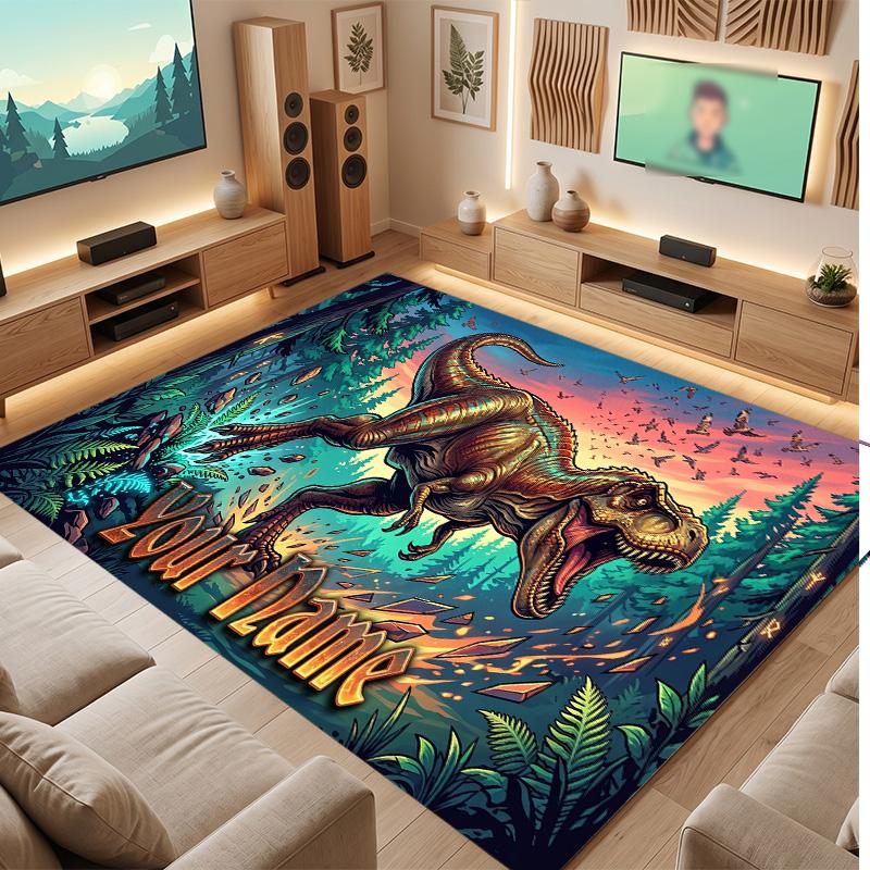 Dinosaur Theme Soft Crystal Velvet Rug Custom Name & Text Print Non Slip Floor Rug for Bedroom Living Room