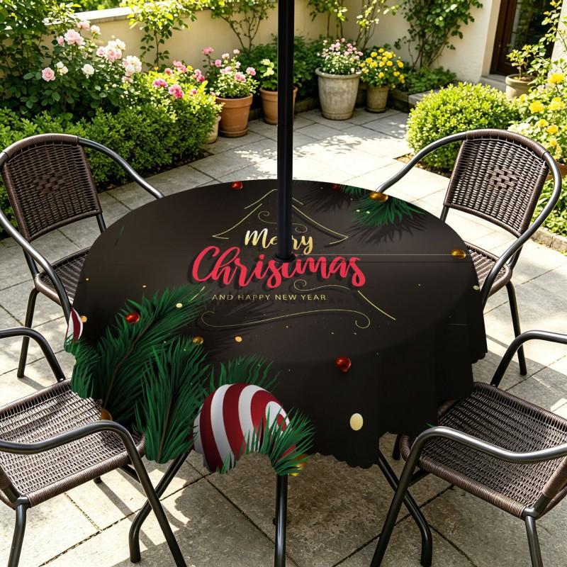 Outdoor Christmas Tablecloth Round Waterproof Oil-Resistant Patio Table Cover Garden Deck Umbrella Hole