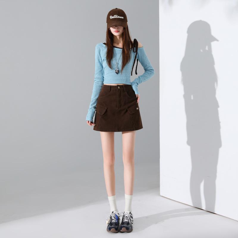 Coffee High-Waisted A-Line Denim Skirt: Women's Versatile, Multi-Pocket, Slimming Workwear Style