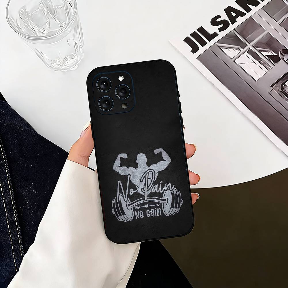 No Pain No Gain Gym Phone Case For iPhone 17,16,15,14,13,12,11 Plus,Pro Max,XS,Soft Silicone Black Cover