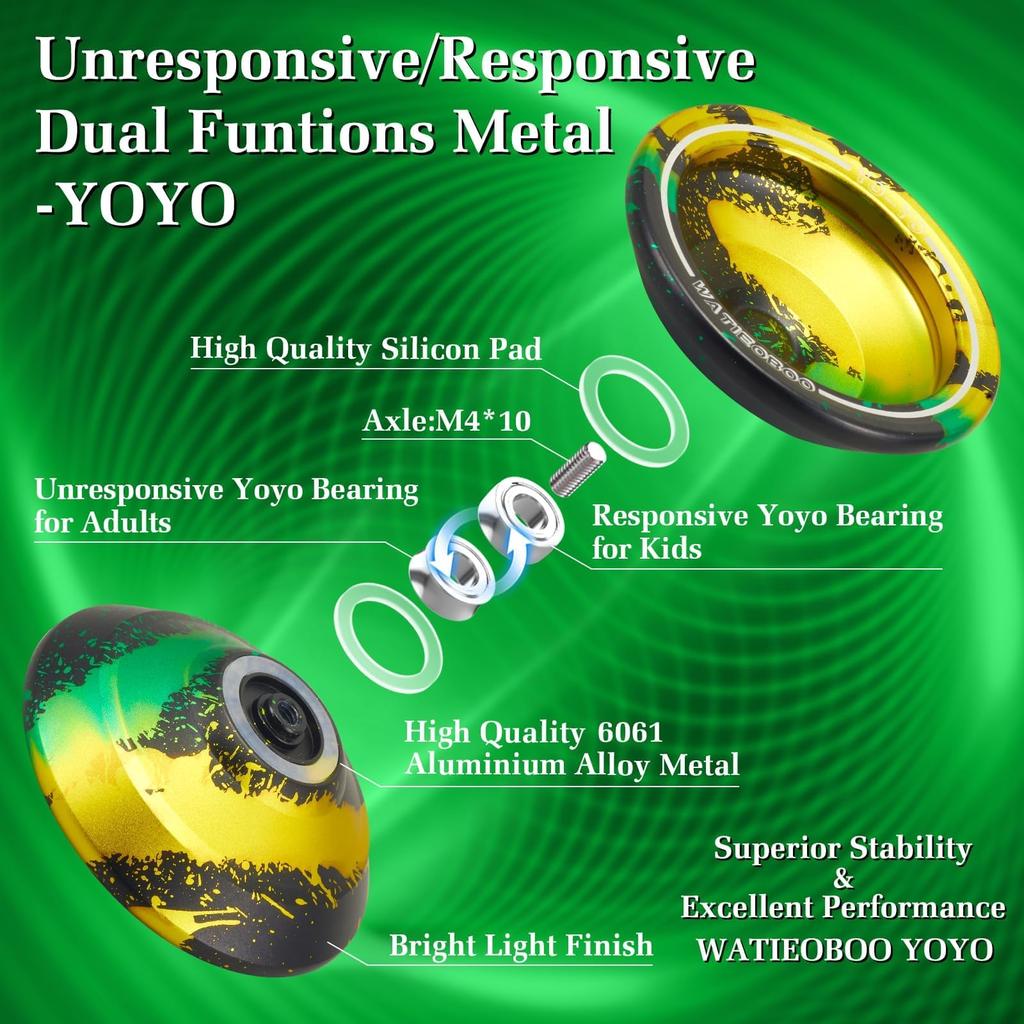 WATIEOBOO Yoyo Responsive for Professional for Professional Metal Trick with Bearing 10 and Gloves Yo-Yo Beginners, Non-Responsive Yo-Yo Adults, Yo-Yo