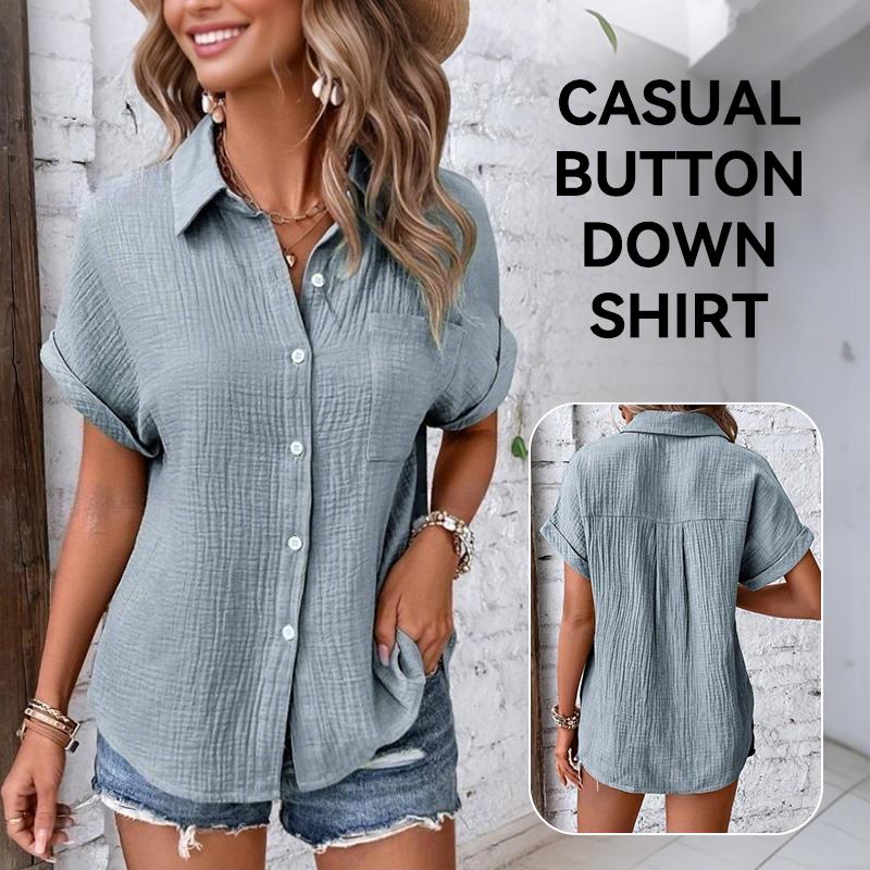 Casual V Neck Button Down Shirts for Women Solid Short Sleeve Blouse Tops
