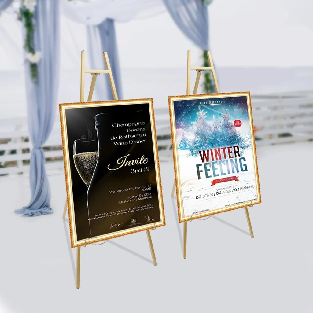 2 Pack Easel Stands Floor Easel Foldable Display Stand Height Adjustable Gold Easel Stand for Weddings Shops Exhibitions