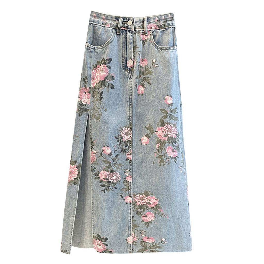Women's Fashion Vintage Versatile Split Cowboy Printed Package Hip Mid-Length Half-Body Skirt