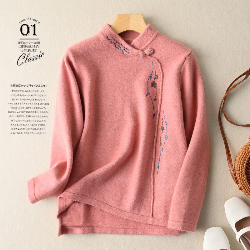 Plus Size Women Embroidered Thick Fleece Long Sleeve V Neck Base T Shirt
