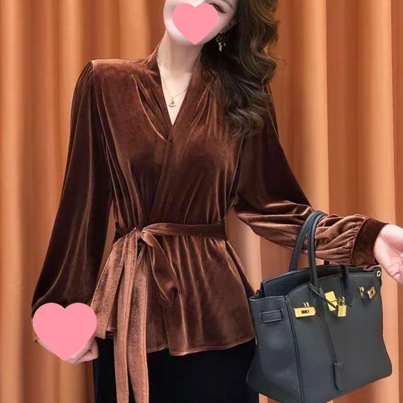Pure Desire Women's French Style Velvet Tie-Up Long Sleeve Top - Slimming and Flattering for Autumn/Winter