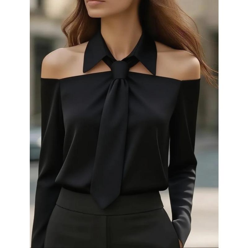 New Elegant Off-Shoulder Long Sleeve Women Tie Shirts Fashion Spring and Autumn Sexy Blouse Woman Lapel Casual Sweet Solid Color Top