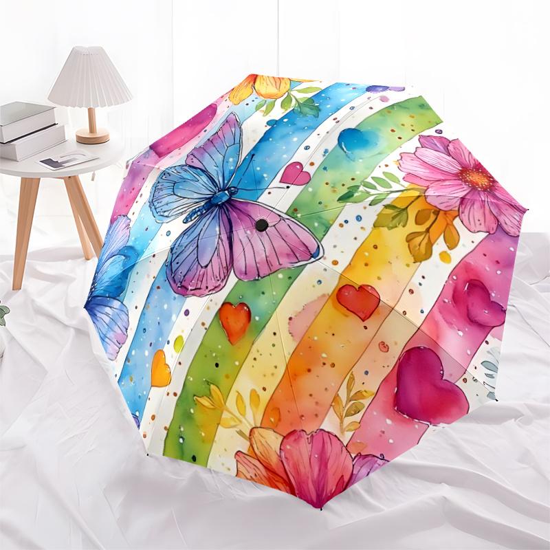 1pc Butterfly Rainbow Flowers Hearts Automatic Open/close Umbrella, 8-Rib sturdy structure, Auto Folding/Opening, Portable Travel Umbrella for Women