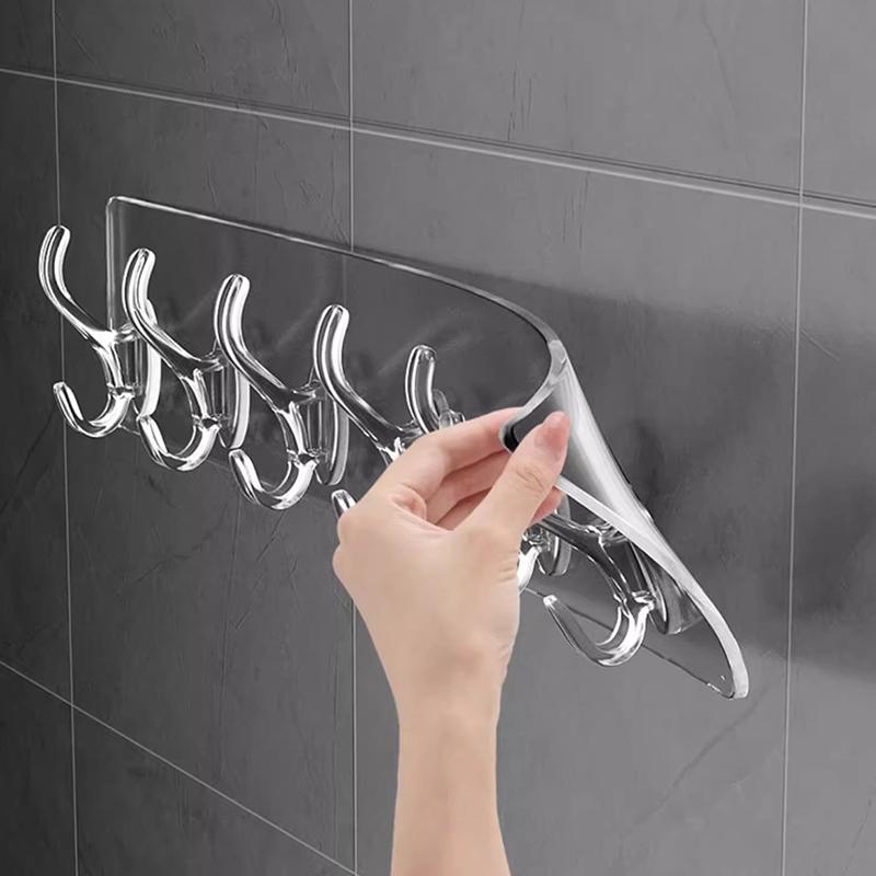 6 Row Multipurpose Hooks Nail-free Transparent Holder Strong Self Adhesive Wall Hook Kitchen Bathroom Traceless Hanger Stickers