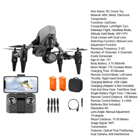 Remote Control Drone with 4K Dual Cameras Obstacle Avoidance Optical Flow Positioning Headless Kids Adults Beginner Foldable 2.4GHz RC Quadcopter Toy