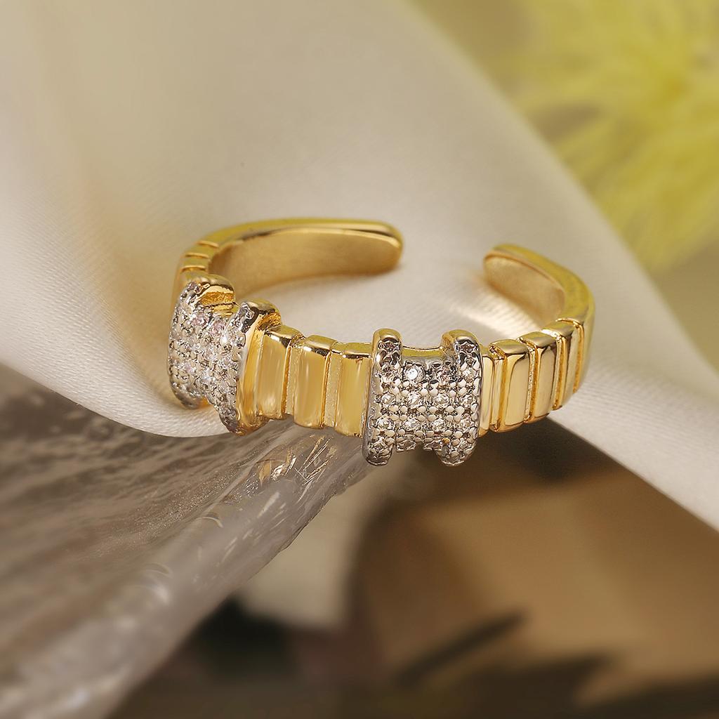 Two-Tone Geometric Open Cubic Zirconia Ring for Women, Adjustable Ins Fashion Jewelry, Minimalist Luxury Gift