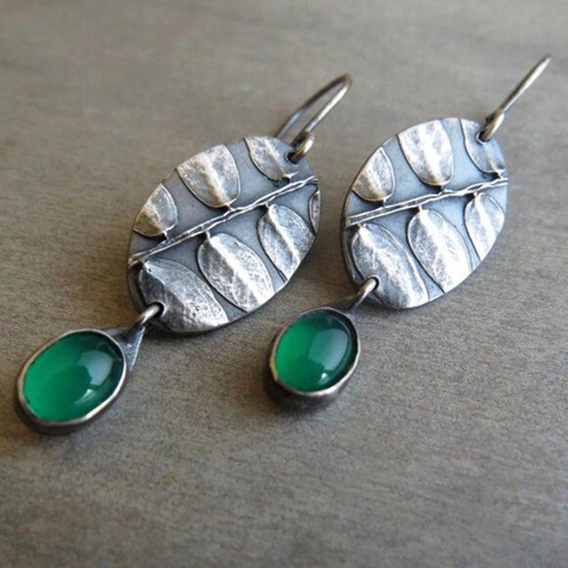 Ethnic Style Retro Leaf Inlaid Emerald Earrings Medieval Jewelry Engraved Metal Personalized Earrings Earrings
