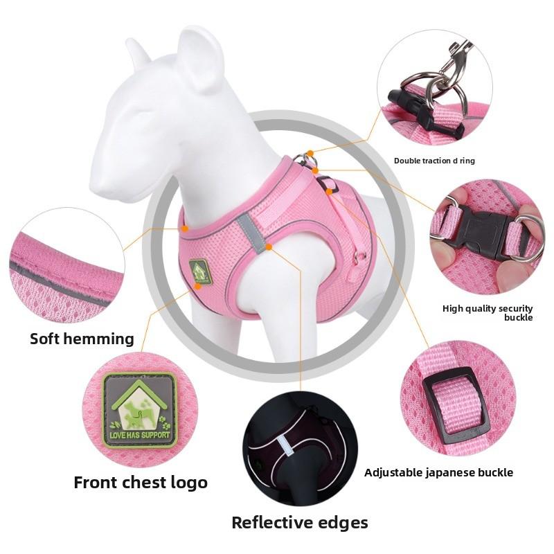 Breathable Mesh Reflective Dog Harness with Matching Traction Rope Adjustable Vest Chest Strap for Small Puppies Teddy Bichon Walking Supplies
