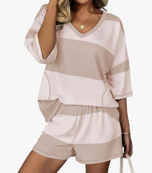 Spring/Summer Women's Striped Short-Sleeve Top & Casual Shorts Two-Piece Sportswear Set