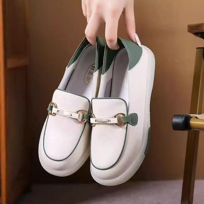 One-pedal women's shoes autumn new little white shoes breathable non-slip soft leather soft sole shallow mouth beef tendon sole